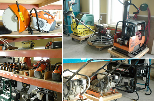 an image showing a collage of our Tool Rental Shop power tools and equipment displays, including medium duty construction machinery such as a stone cutting saw, soil compacters, generators and hand power tools